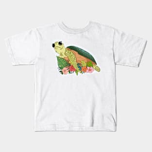 Cartoon turtle With Grass And Flowers, Tortoise Lovers Kids T-Shirt